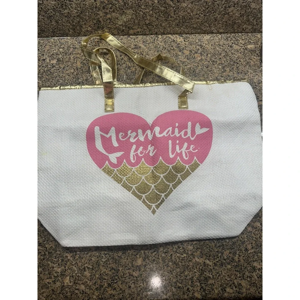 Mermaid For Life Tote Bag Womens White Pink Gold Beach Shopper Carryall‎ Woven
